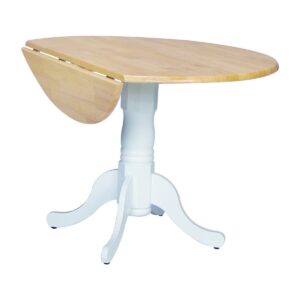 42-Inch Round Dual Drop-Leaf Pedestal Table in White and Natural, Ready to Ship