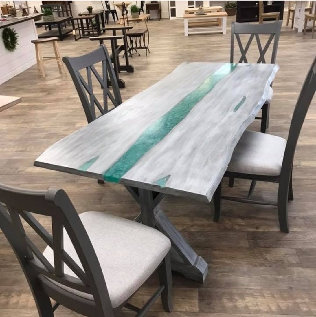 Weathered gray table with sea glass green epoxy river