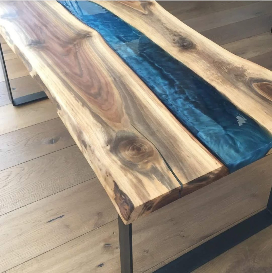 Teal epoxy river walnut bench closeup