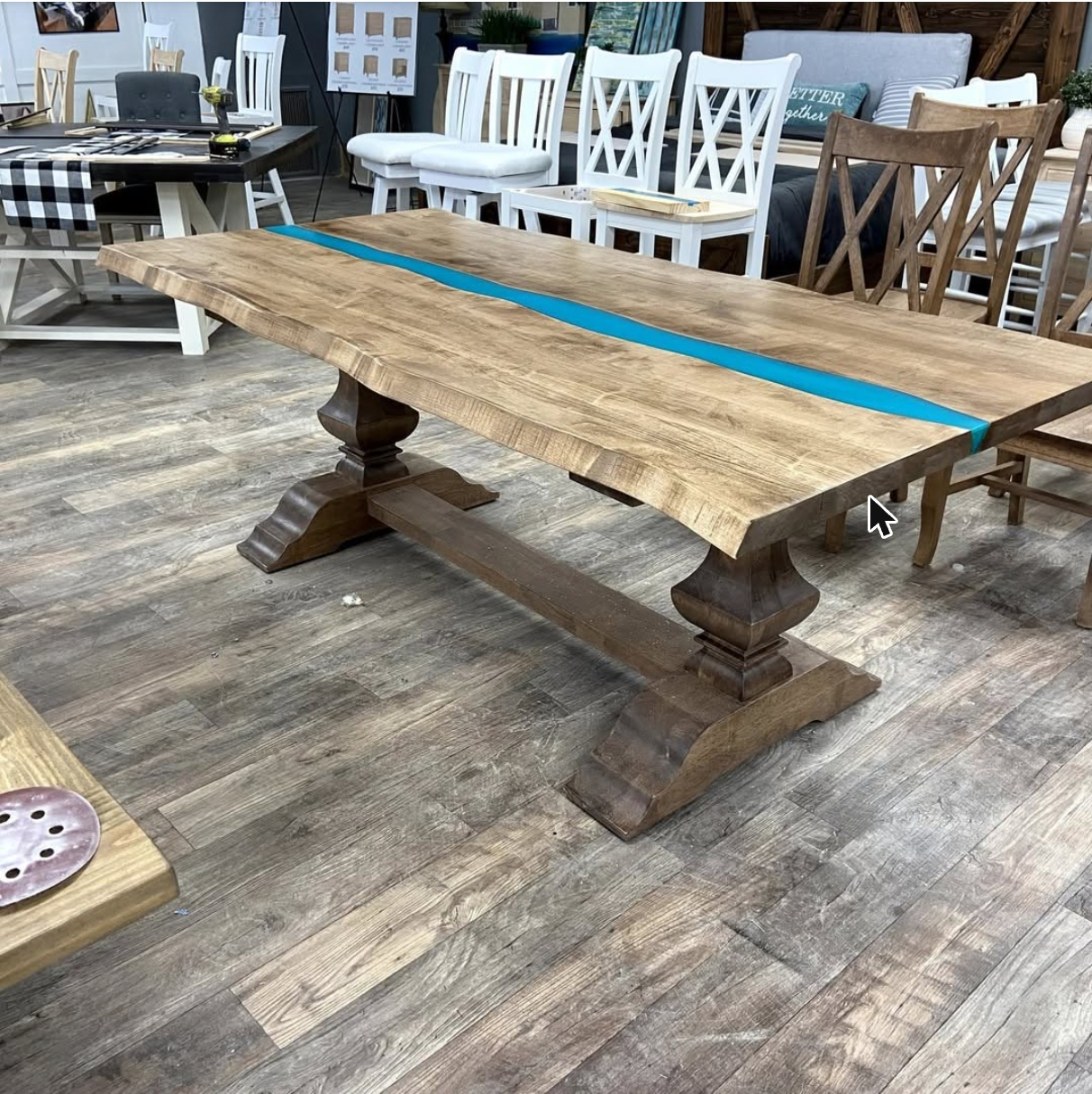 Trestle farm table with turquoise epoxy inlay