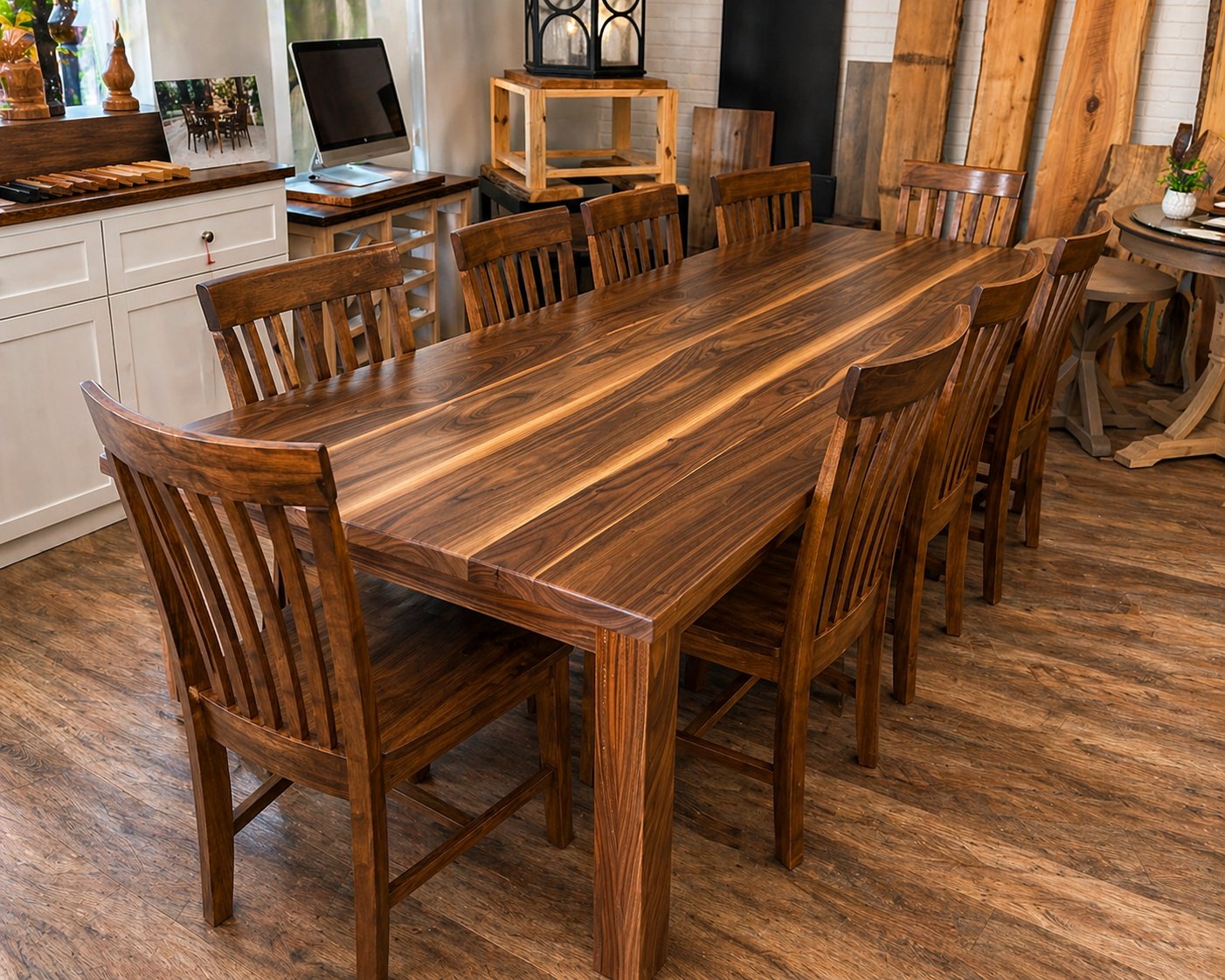 Walnut dining table with matching chairs