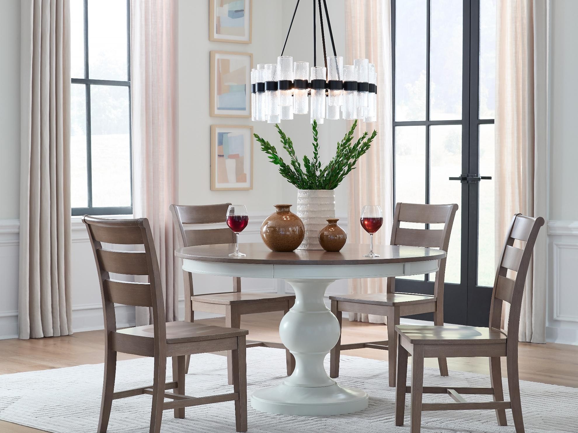 52 in Round Pedestal Dining Table, Taupe Gray and Soft White in a dining room