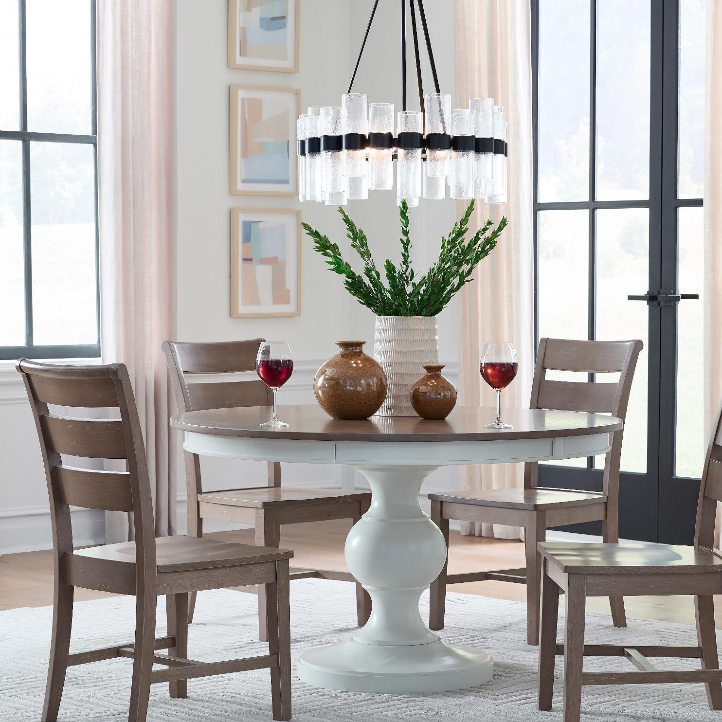 52 in Round Pedestal Dining Table, Taupe Gray and Soft White in a dining room