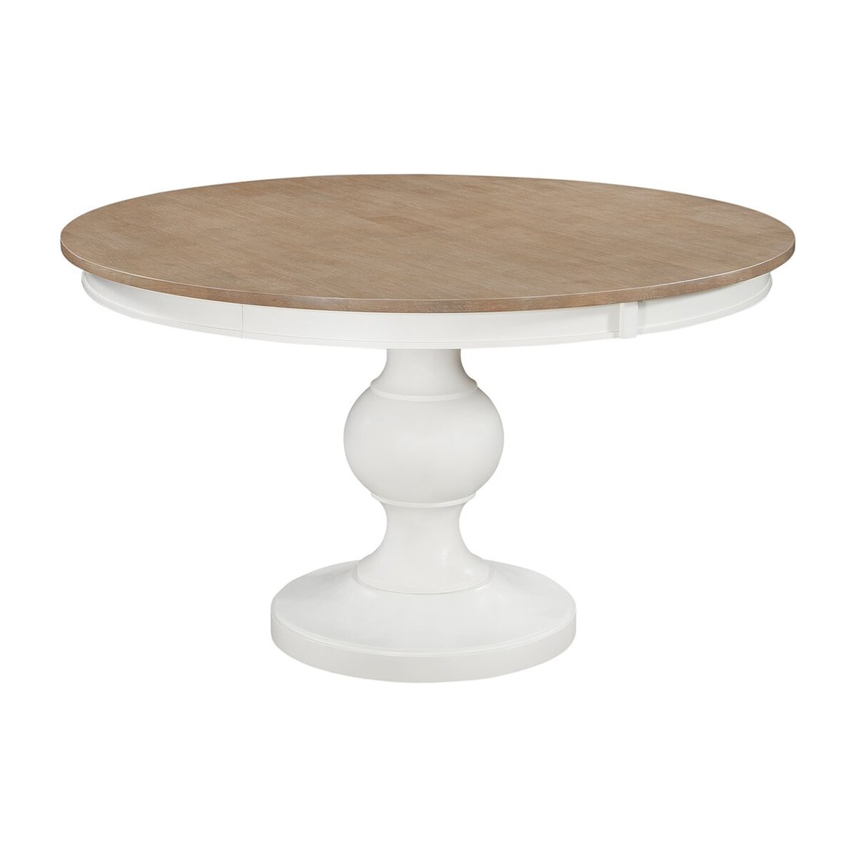 52 inch round pedestal dining table in taupe gray with a soft white base
