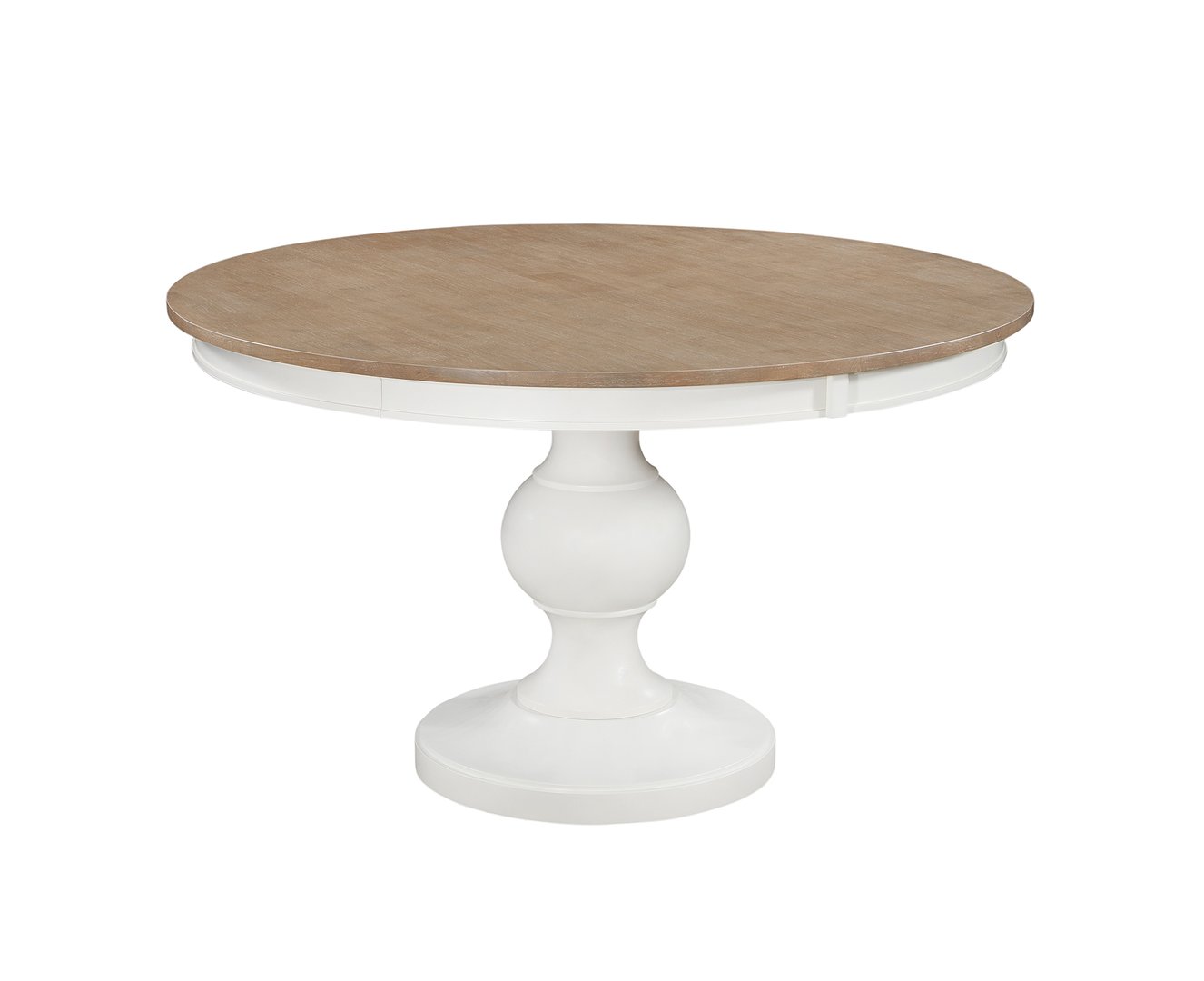 52 inch round pedestal dining table in taupe gray with a soft white base