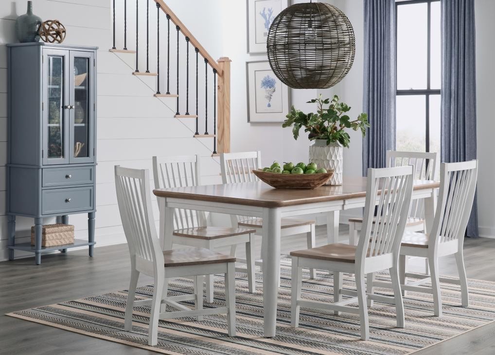 60 to 78 Inch Extension Dining Table, Sand and White in a dining room