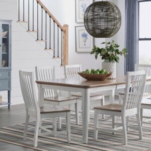 60 to 78 Inch Extension Dining Table, Sand and White in a dining room