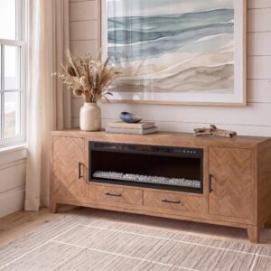 72 Inch Electric Fireplace TV Console, Herringbone Doors in a living room