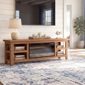 80 Inch Electric Fireplace TV Console, Open Shelves in a living room
