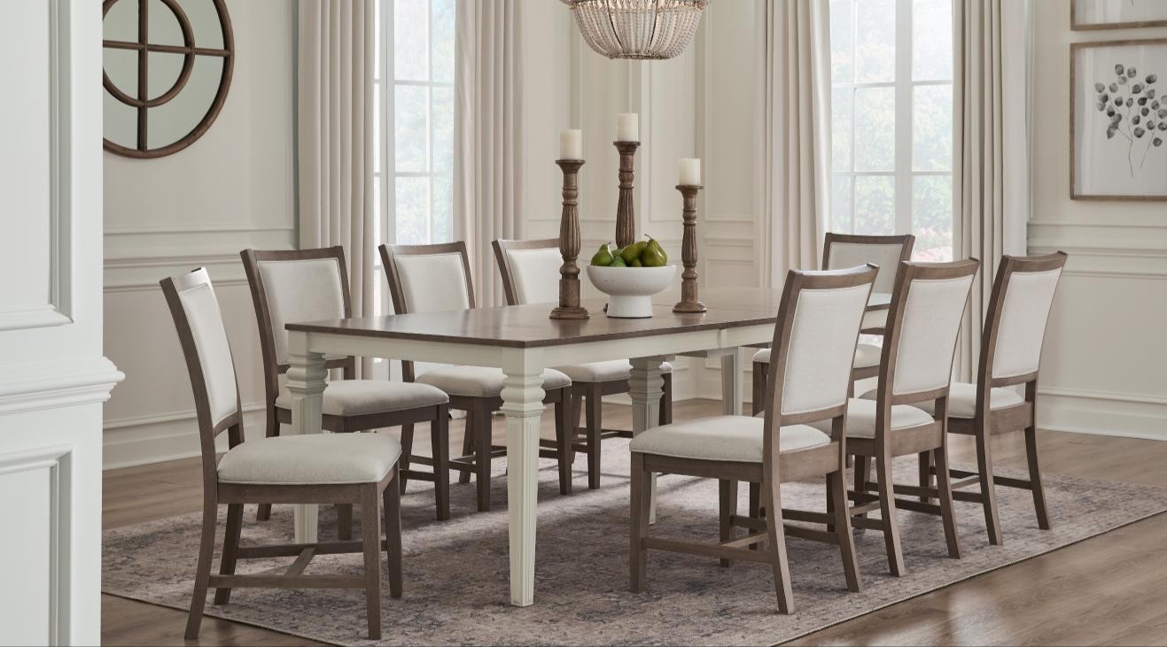 Extending Dining Table, 78 to 110 in, Taupe Gray and Soft White in a dining room