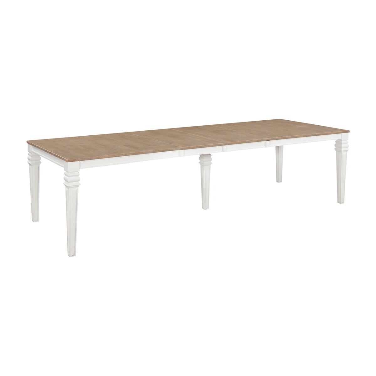 Extending solid wood dining table, 78 to 110 inches, taupe gray top with soft white legs