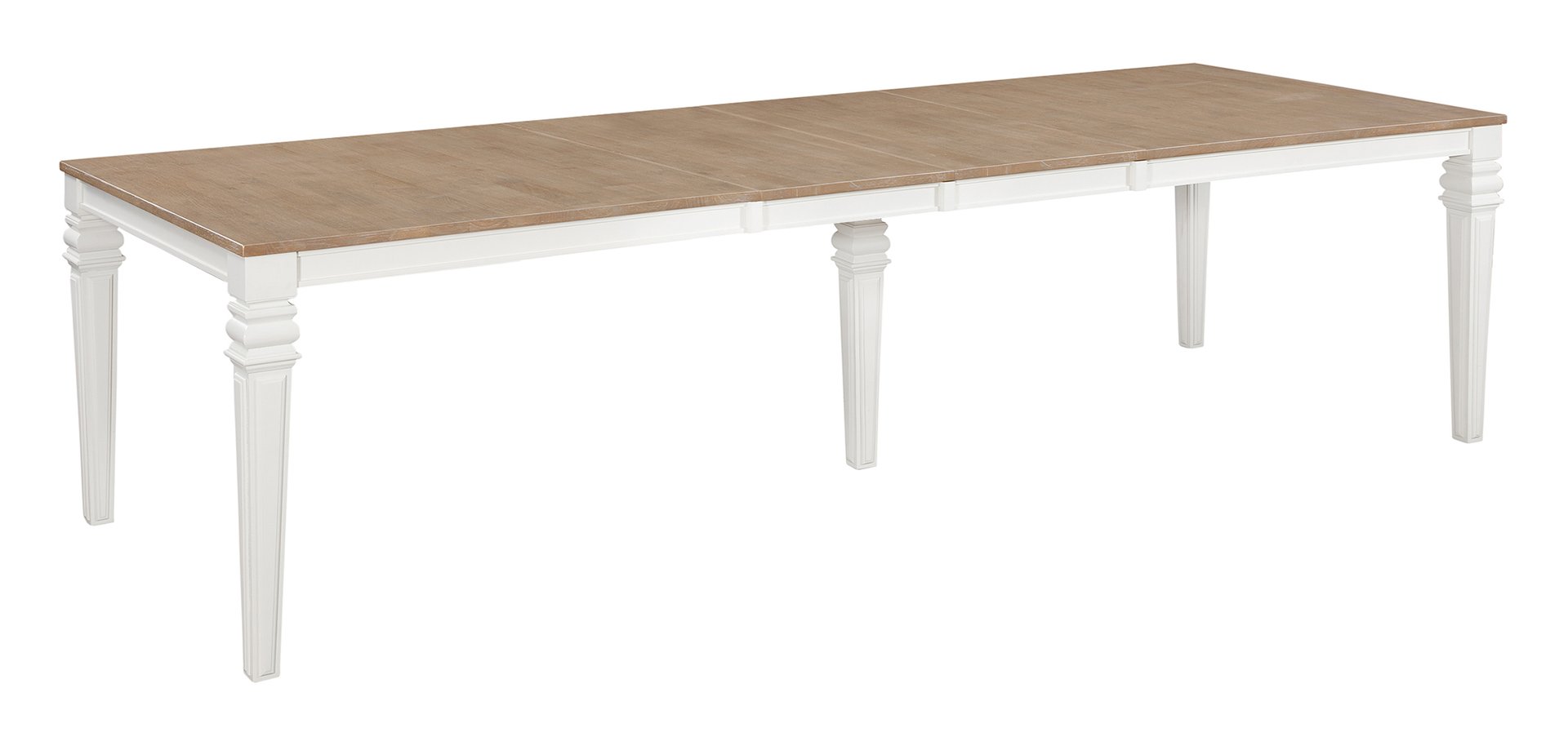 Extending solid wood dining table, 78 to 110 inches, taupe gray top with soft white legs